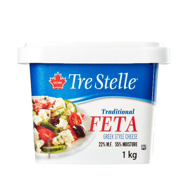 A one kilogram container of Tre Stella Feta Cheese, manufactured by Arla Foods