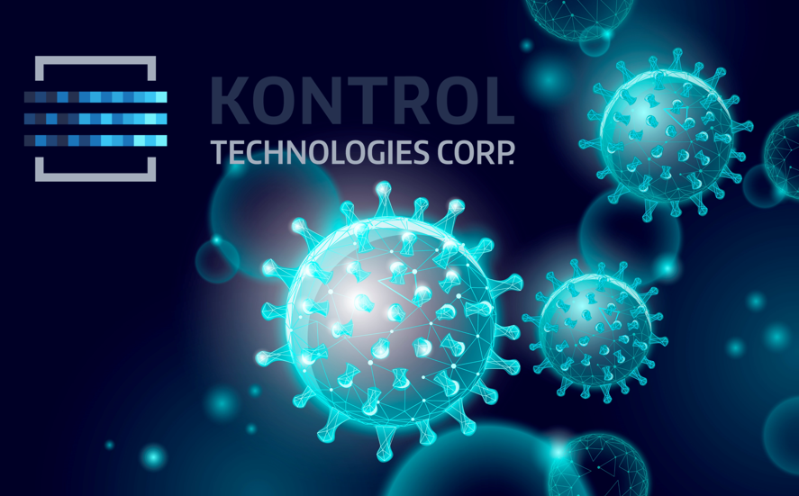 Kontrol Technologies logo with blue viral atoms floating in what appears to be water