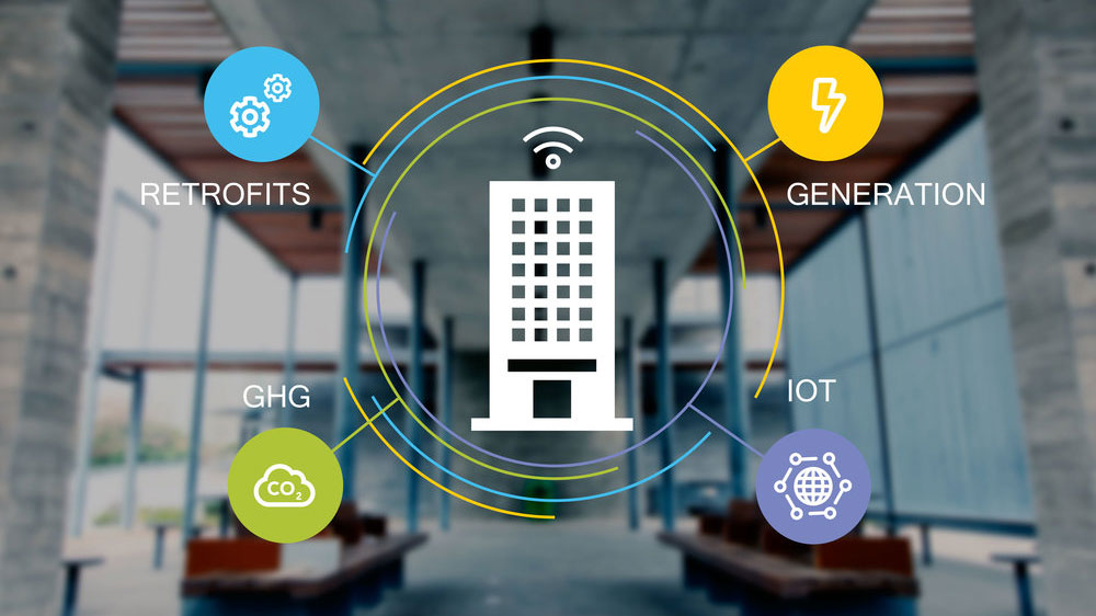 A building with icons surrounding it