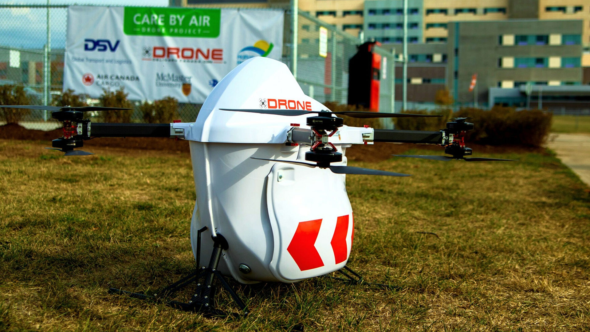 Drone Delivery Drone outside a hospital