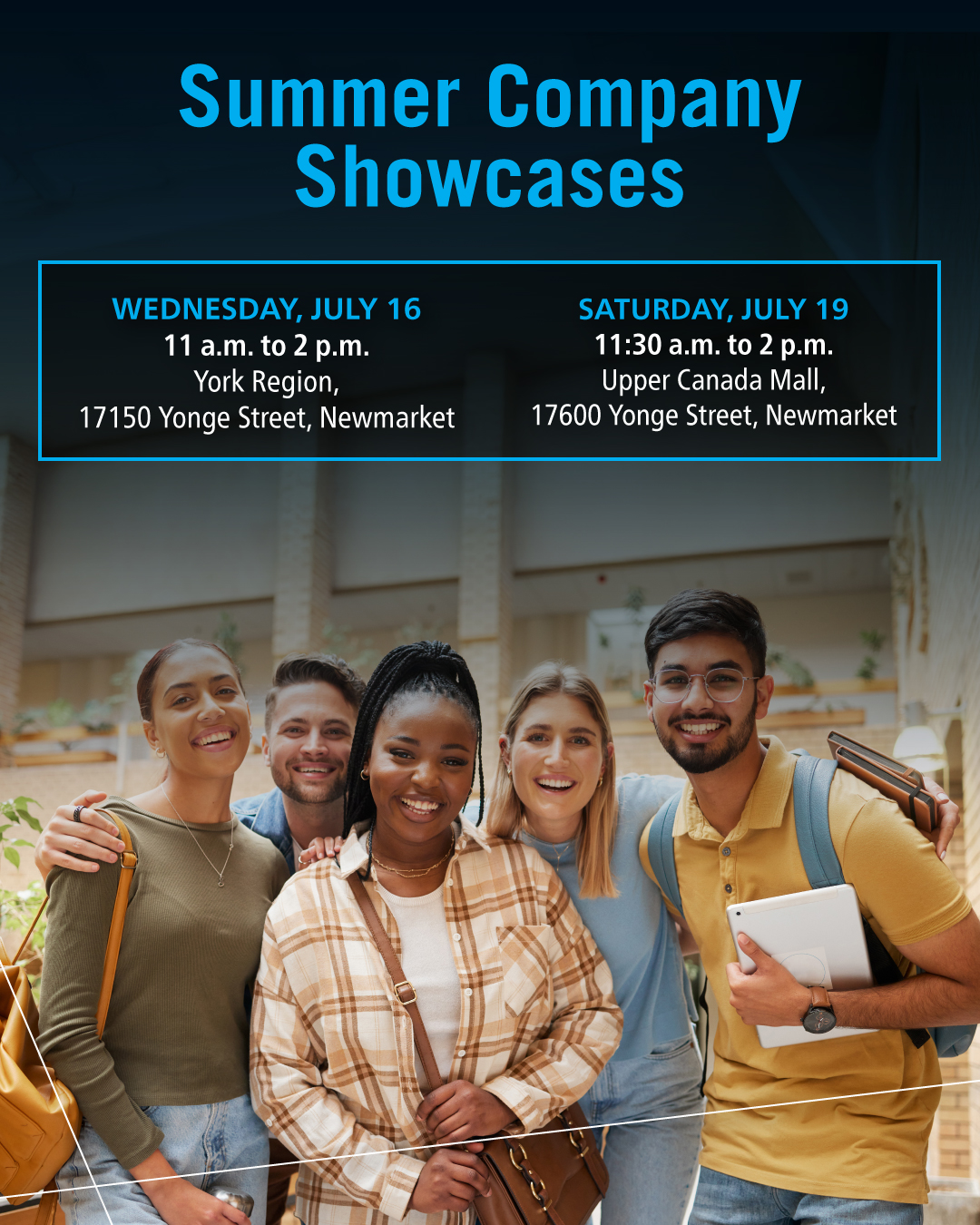 Student entrepreneurs smiling with the text, "Summer Company Showcases"